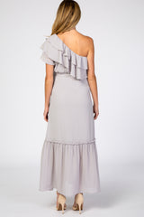 Grey Chiffon One Shoulder Ruffle Maternity Maxi