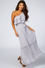 Grey Chiffon One Shoulder Ruffle Maxi