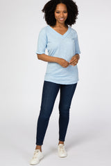 Light Blue V-Neck Raw Hem Short Sleeve Top