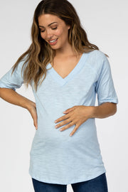 Light Blue V-Neck Raw Hem Short Sleeve Maternity Top