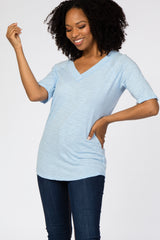 Light Blue V-Neck Raw Hem Short Sleeve Top