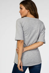 Grey V-Neck Raw Hem Short Sleeve Maternity Top