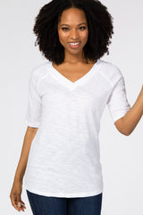 White V-Neck Raw Hem Short Sleeve Maternity Top