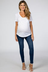 White Scoop Neck Pocket Front Maternity Top