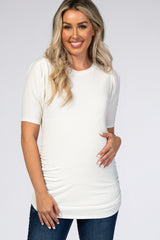 Ivory Ribbed Ruched Fitted Maternity Top