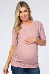 Mauve Ribbed Ruched Fitted Maternity Top