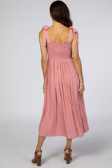 Pink Smocked Tie Strap Midi Dress