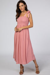 Pink Smocked Tie Strap Midi Dress