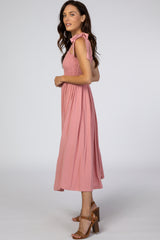 Pink Smocked Tie Strap Midi Dress