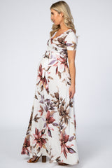 Cream Floral Waist Tie Wrap Maternity Maxi Dress