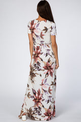 Cream Floral Waist Tie Wrap Maxi Dress