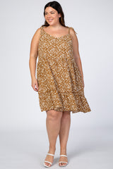 Camel Floral Shoulder Tie Ruffle Tiered Maternity Plus Dress