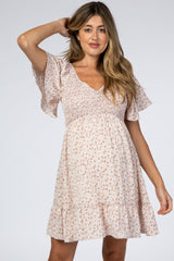 Mauve Floral Smocked V-Neck Maternity Dress