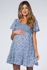 Royal Blue Floral Smocked V-Neck Maternity Dress