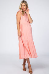 Pink Ruffle Sleeve Tiered Maternity Midi Dress