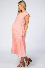 Pink Ruffle Sleeve Tiered Maternity Midi Dress