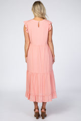 Pink Ruffle Sleeve Tiered Maternity Midi Dress