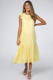 Yellow Ruffle Sleeve Tiered Maternity Midi Dress