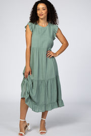 Sage Ruffle Sleeve Tiered Midi Dress