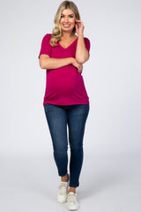 Magenta V-Neck Short Sleeve Basic Maternity Top