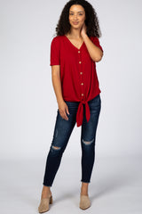 Dark Red Front Tie Button Accent Short Sleeve Top