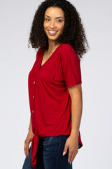 Dark Red Front Tie Button Accent Short Sleeve Top