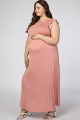 Pink Ruffle Sleeve Maternity Plus Maxi Dress