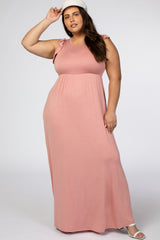 Pink Ruffle Sleeve Maternity Plus Maxi Dress