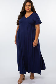 Navy Blue Empire Waist Side Slit Plus Maxi Dress