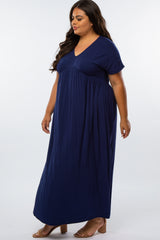 Navy Blue Empire Waist Side Slit Plus Maxi Dress