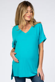 Turquoise V-Neck Cuffed Short Sleeve Maternity Top