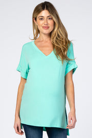 Mint Green V-Neck Cuffed Short Sleeve Maternity Top