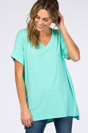 Mint Green V-Neck Cuffed Short Sleeve Top