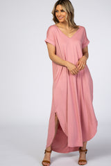 Pink Side Slit Maternity Maxi Dress