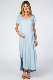 Light Blue Side Slit Maternity Maxi Dress