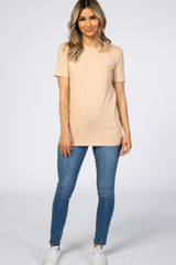 Beige Crew Neck Short Sleeve Top