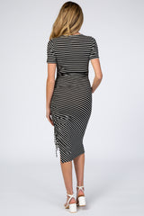 Black Striped Side Ruched Maternity Midi Dress