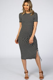 Black Striped Side Ruched Midi Dress