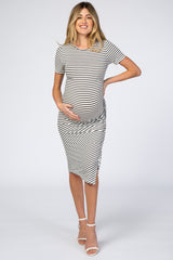 Ivory Striped Side Ruched Maternity Midi Dress