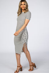 Ivory Striped Side Ruched Midi Dress