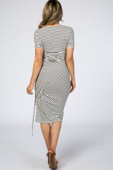 Ivory Striped Side Ruched Midi Dress