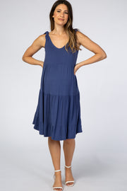 Denim Blue Tiered Tie Sleeve Maternity Dress