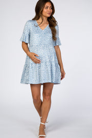 Blue Animal Print Ruffle Sleeve Maternity Dress