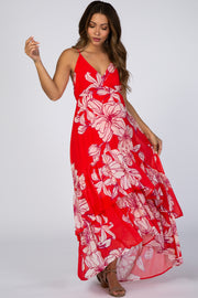 Red Chiffon Floral Hi-Low Tiered Maternity Dress