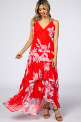 Red Chiffon Floral Hi-Low Tiered Dress