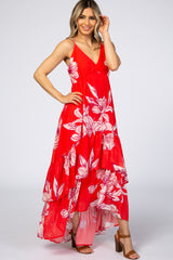 Red Chiffon Floral Hi-Low Tiered Dress