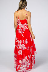 Red Chiffon Floral Hi-Low Tiered Dress