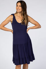 Navy Blue Tiered Tie Sleeve Maternity Dress