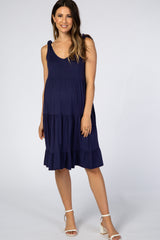 Navy Blue Tiered Tie Sleeve Maternity Dress