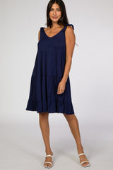 Navy Blue Tiered Tie Sleeve Maternity Dress